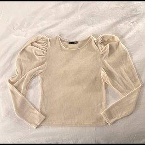 ZARA - Ribbed Puff Sleeve Top - Cream - Large
